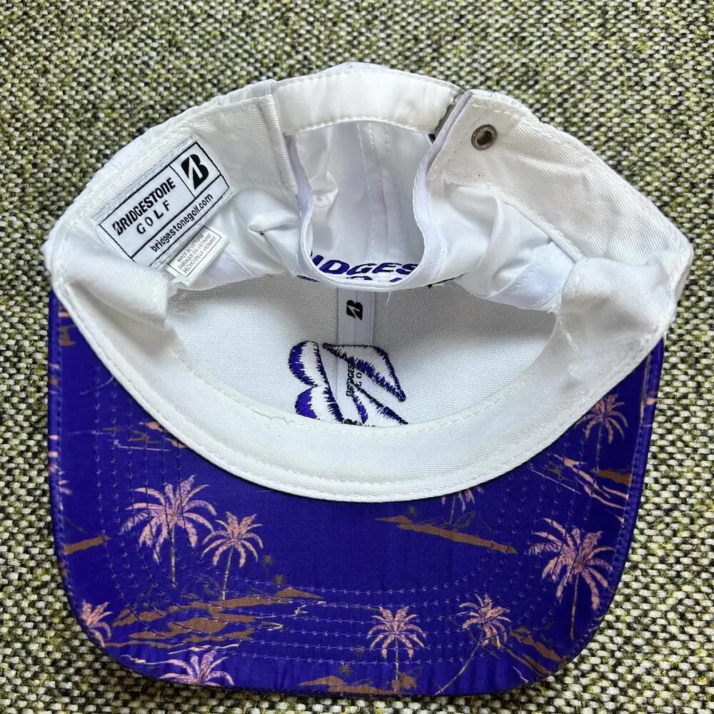 Bridgestone Golf White Hat Purple Tropical Palm‎ Tree Brim Snapback B Logo